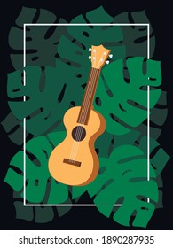 
ukulele in green monstera leaves, ukulele, monstera, leaves, green