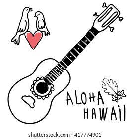 Ukulele guitar and love doves line drawing. Aloha hawaii Vector illustration. 