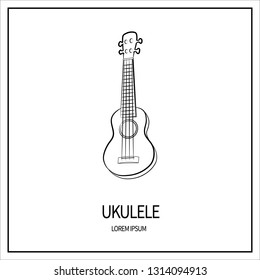 Ukulele guitar, stringed and plucked instrument. Linear icon isolated on white background. Outline. Banner with frame. Vector illustration