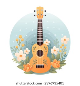 Ukulele Hawaiian four-string soprano guitar. Flowers. Travel and tourism. Cartoon style. Small guitar, string music instrument. Bright, colorful design for poster, t-shirt, banner, card, cover.