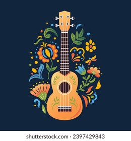 Ukulele Hawaiian four-string soprano guitar. Mexican or Slavic folk flowers. Cartoon style. Small guitar, string music instrument. for poster, t-shirt, banner, card, cover. Cinco de Mayo Festival.