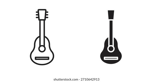 Icono de ukelele en un diseño de Vector de trazo negro y versión sólida plana sobre fondo blanco