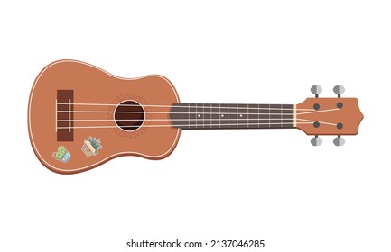 Ukulele isolated on white with cute stickerts. Colored ukuleles musical instrument. Relaxation, hawaii, melody. Flat vector illustration.