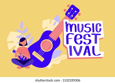 Ukulele music festival theme poster with hand drawn lettering and leaves. Woman playing ukulele