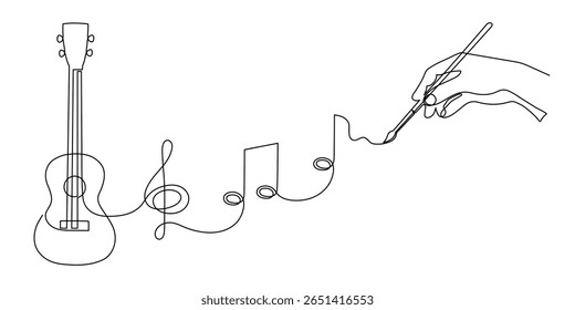 Ukulele música escrita conceito uma linha de arte, desenhado à mão tocando instrumento de corda havaiano desenho contorno contínuo. Melodia acústica de contorno de guitarra pequena com clave aguda e notas. Editável 