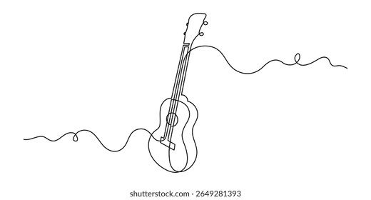 Ukulele conceito musical uma linha de arte, desenhado à mão tocando instrumento de corda havaiano desenho contorno contínuo. Símbolo acústico minimalista de melodia de contorno de guitarra pequena. Traçado editável. Isolado.