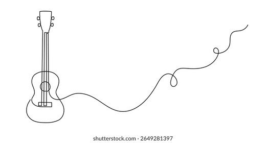 Ukulele conceito musical uma linha de arte, desenhado à mão tocando instrumento de corda havaiano desenho contorno contínuo. Símbolo acústico minimalista de melodia de contorno de guitarra pequena. Traçado editável. Isolado.