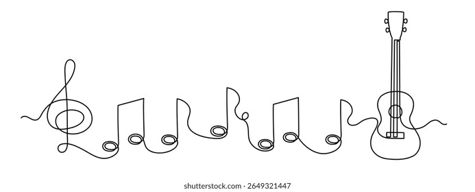 Ukulele conceito musical uma linha de arte, desenhado à mão tocando instrumento de corda havaiano desenho contorno contínuo. Melodia acústica de contorno de guitarra pequena com clave aguda e notas. Traçado editável. 