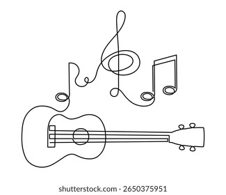 Ukulele conceito musical uma linha de arte, desenhado à mão tocando instrumento de corda havaiano desenho contorno contínuo. Melodia acústica de contorno de guitarra pequena com clave aguda e notas. Editável 