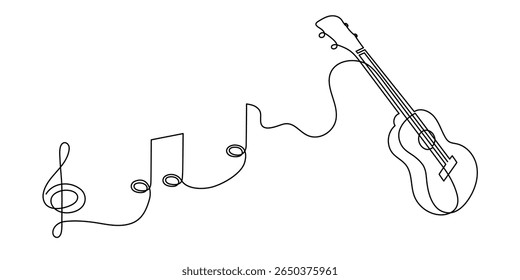 Ukulele conceito musical uma linha de arte, desenhado à mão tocando instrumento de corda havaiano desenho contorno contínuo. Melodia acústica de contorno de guitarra pequena com clave aguda e notas. Editável 