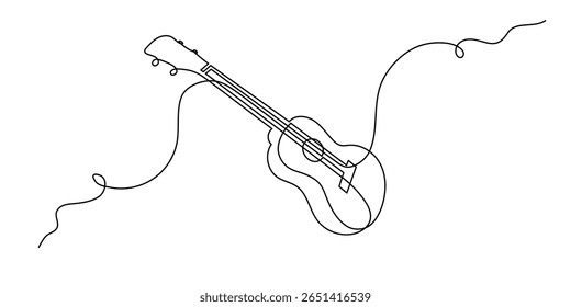 Ukulele musical concept one line art, hand-drawn playing Hawaiian string instrument drawing continuous contour. Acoustic small guitar outline melody minimalist symbol. Editable stroke. Isolated.