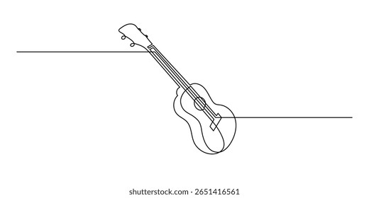 Ukulele conceito musical uma linha de arte, desenhado à mão tocando instrumento de corda havaiano desenho contorno contínuo. Símbolo acústico minimalista de melodia de contorno de guitarra pequena. Traçado editável. Isolado.