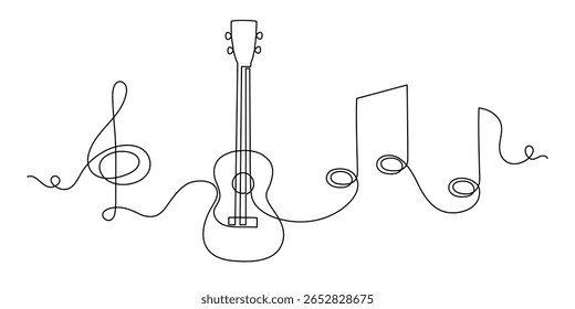 Ukulele conceito musical uma linha de arte, desenhado à mão tocando instrumento de corda havaiano desenho contorno contínuo. Melodia acústica de contorno de guitarra pequena com clave aguda e notas. Traçado editável. 