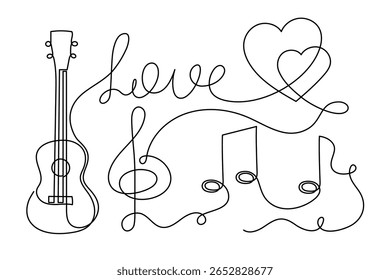 Ukulele conceito musical uma linha de arte, desenhado à mão tocando instrumento de corda havaiano desenho contorno contínuo. Melodia acústica de contorno de guitarra pequena com clave aguda e notas. Traçado editável. 