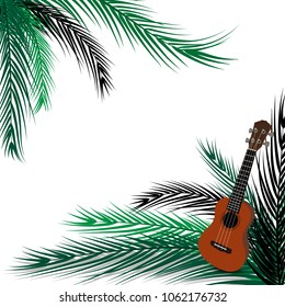 ukulele and palm leaf with copy space