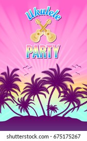 Ukulele party illustration with palm trees and sunset or sunrise in the background.