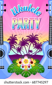 Ukulele party illustration with palm trees, musical instruments, floral decoration and sunset or sunrise in the background.