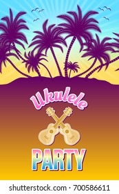 Ukulele party illustration with palm trees and sunset or sunrise in the background.