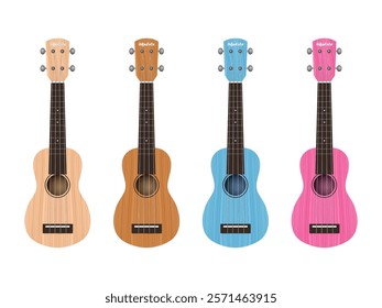 Ukulele realistic vector illustration. Set of acoustic classic hawaiian guitar with four strings in different colors. vector illustration