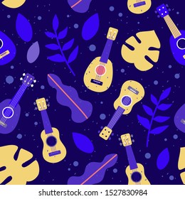 Ukulele seamless pattern with colorful leaves on dark blue background