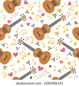 Patrón sin fisuras de Ukulele, ukulele. Patrón con monastera, hojas, flores, notas, inscripciones.