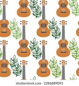 Ukulele seamless pattern, ukulele. Pattern with monstera, leaves, flowers, notes, inscriptions.