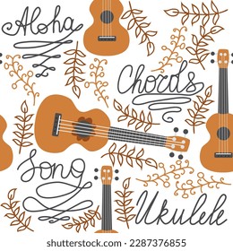 Ukulele seamless pattern, ukulele. Pattern with monstera, leaves, flowers, notes, inscriptions.