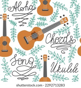 Ukulele seamless pattern, ukulele. Pattern with monstera, leaves, flowers, notes, inscriptions.