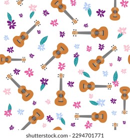 Ukulele seamless pattern, ukulele. Pattern with monstera, leaves, flowers, notes, inscriptions.