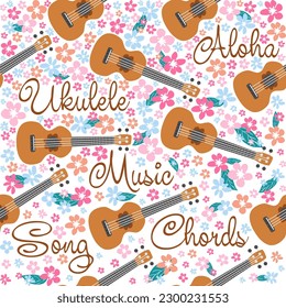 Ukulele seamless pattern, ukulele. Pattern with monstera, leaves, flowers, notes, inscriptions.