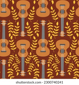 Ukulele seamless pattern, ukulele. Pattern with monstera, leaves, flowers, notes, inscriptions.