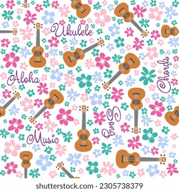 Ukulele seamless pattern, ukulele. Pattern with monstera, leaves, flowers, notes, inscriptions.
