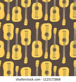 Ukulele seamless pattern. Vector illustration of ukulele guitar isolated on brown background.