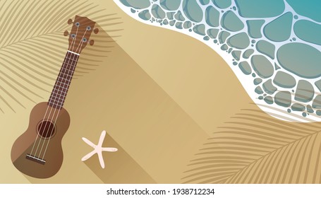 Ukulele und Seesterne am Strand