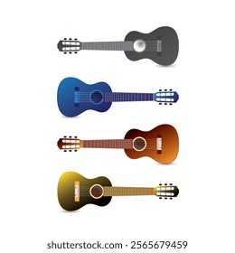 Ukulele, styleful flat illustration of 4 small ukelele guitars on white background realistic in 4 colours.