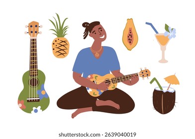 Ukulele summer party.Set  vector illustrations - guitar, tropical cocktails, coconut, papaya, pineapple . Isolated on a white background