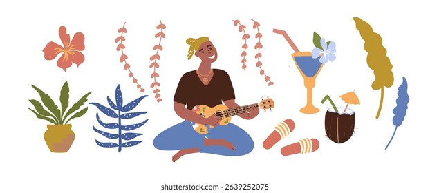 Ukulele summer party.Set vector illustrations - guitar, tropical plants , cocktails, coconut . Isolated on a white background