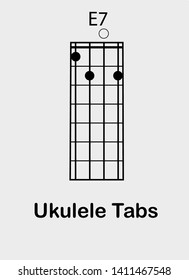 Ukulele tabulator with E seventh chord, vector illustration