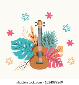 Ukulele and tropical leafs. four-string guitar hand drawn illustration