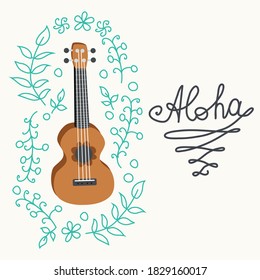 Ukulele y hojas tropicales. ilustración dibujada a mano por guitarra de cuatro cuerdas. Letras de surf de Aloha.