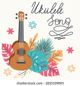 Ukulele and tropical leafs. four-string guitar hand drawn illustration. Ukulele song lettering.