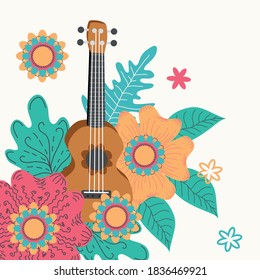 Ukulele and tropical leafs. four-string guitar hand drawn illustration