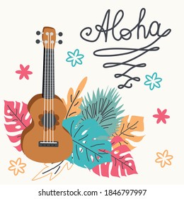 Ukulele y hojas tropicales. ilustración dibujada a mano por guitarra de cuatro cuerdas. Letras de surf de Aloha.
