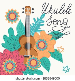Ukulele and tropical leafs. four-string guitar hand drawn illustration. Ukulele song lettering.