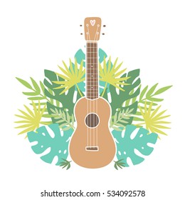 Ukulele and tropical leafs. Vector hand drawn illustration