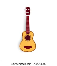 Ukulele vector realistic illustration, yellow small soprano ukulele logo for music shop or web. Hawaiian guitar, national musical instrument. 