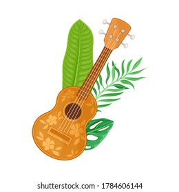 Ukulele or Wooden Hawaiian Guitar as Musical Stringed Instrument with Green Palm Leaf Vector Illustration