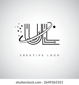 Logotipo de Monograma de Órbita UL - Marca de Letra Mínima Futurista com Linha de Arte Circular, Pontos Inspirados na Tecnologia e Conceito de Movimento Espacial para Identidade de Marca Moderna