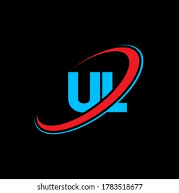 UL U L letter logo design. Initial letter UL linked circle uppercase monogram logo red and blue. UL logo, U L design. ul, u l
