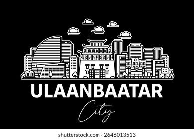 Ulaanbaatar, Mongolia architecture line skyline illustration with shadows. Linear vector cityscape with famous landmarks, city sights, design icons.